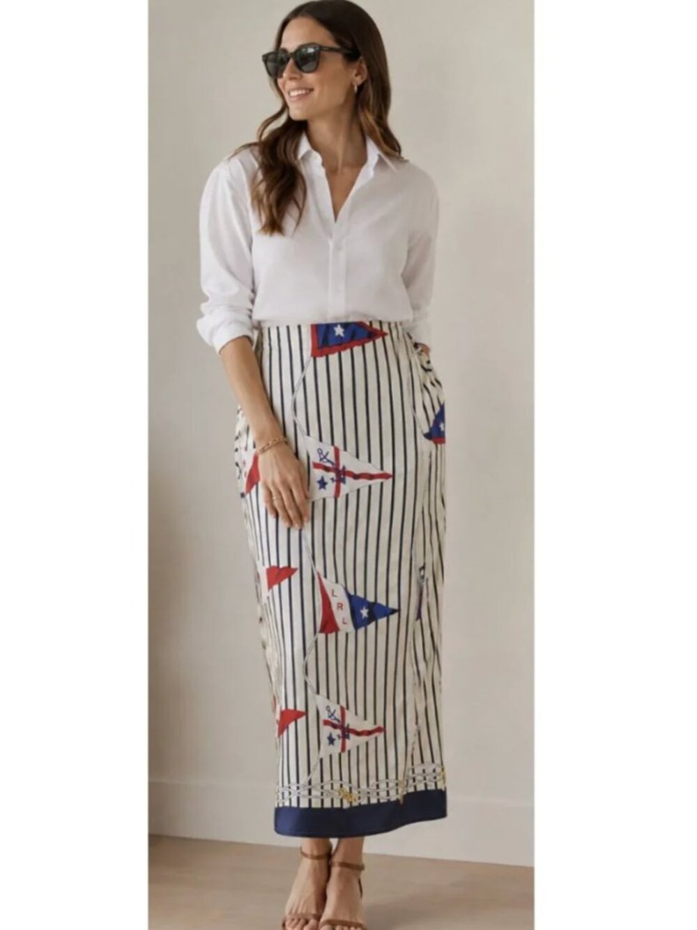 VINTAGE LAUREN RALPH LAUREN Silk Nautical Flag Wrap Skirt US 16 Coastal Preppy